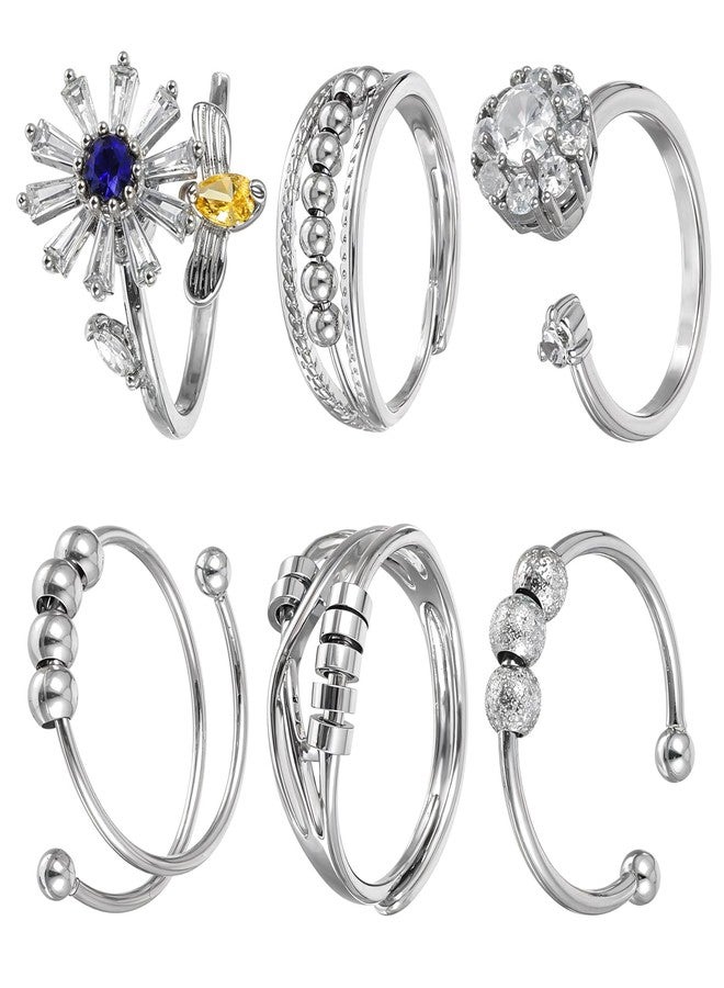 Yuanchu Anti Anxiety Fidget Ring for Women, 6 Pcs Open Adjustable Fidget Rings Anti Anxiety Ring Flower Bee Bead Rings Cute Relief Items Gift - Image 1